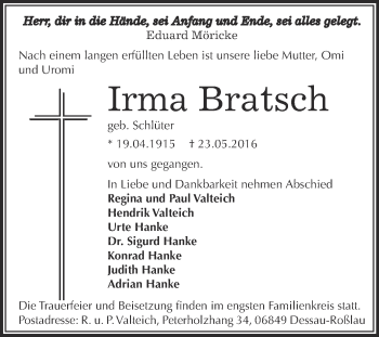 Traueranzeige von Irma Bratsch von WVG - Wochenspiegel Dessau / Köthen