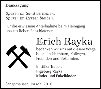 Traueranzeige von Erich Rayka von WVG - Wochenspiegel SGH
