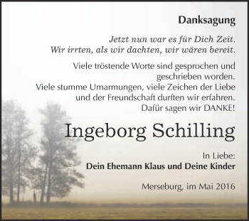 Traueranzeige von Ingeborg Schilling von Super Sonntag Merseburg