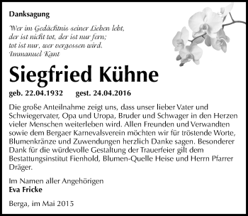 Traueranzeige von Siegfried Kühne von Mitteldeutsche Zeitung Sangerhausen