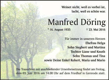 Traueranzeige von Manfred Döring von WVG - Wochenspiegel Quedlinburg