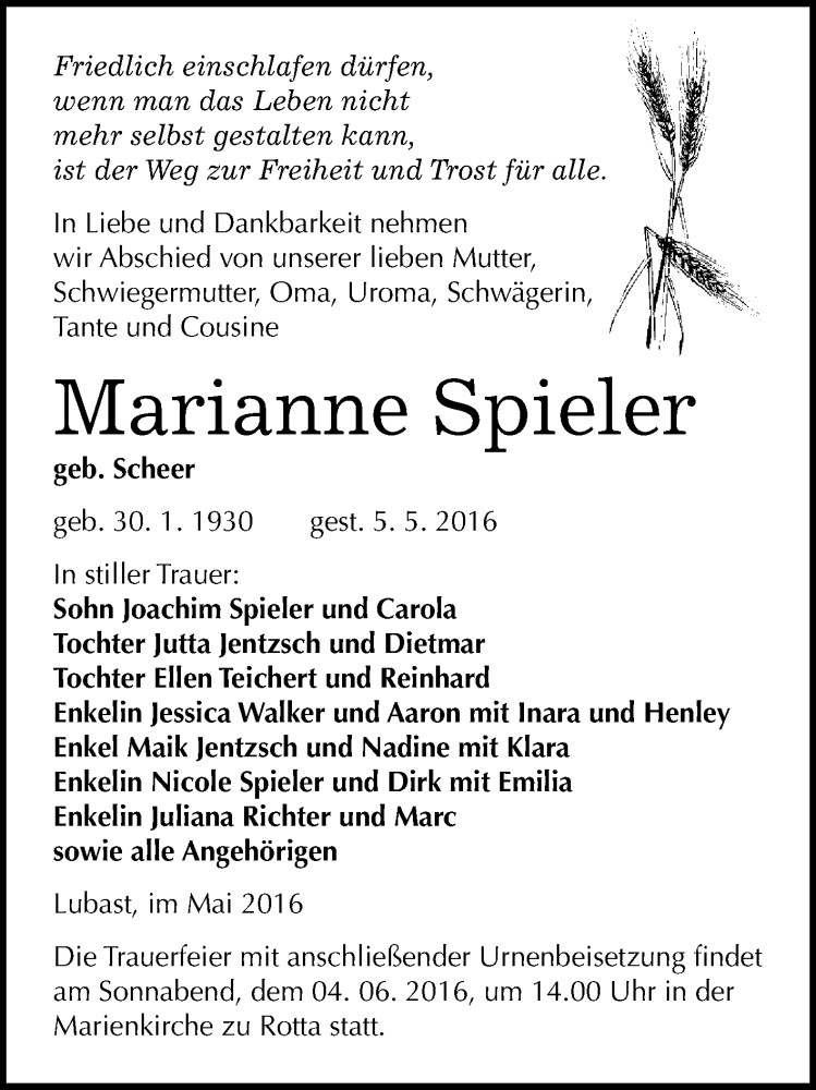  Traueranzeige für Marianne Spieler vom 21.05.2016 aus WVG - Wochenspiegel Wittenberg