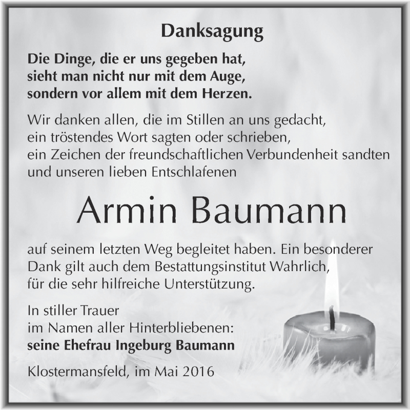  Traueranzeige für Armin Baumann vom 21.05.2016 aus Super Sonntag SGH Mansf. Land