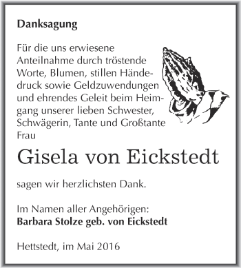 Traueranzeige von Gisela von Eickstedt von Super Sonntag SGH Mansf. Land