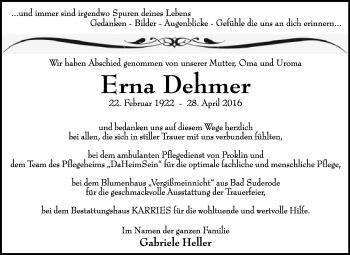 Traueranzeige von Erna Dehmer von WVG - Wochenspiegel Quedlinburg