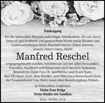 Traueranzeige von Manfred Reschel von Mitteldeutsche Zeitung Zeitz