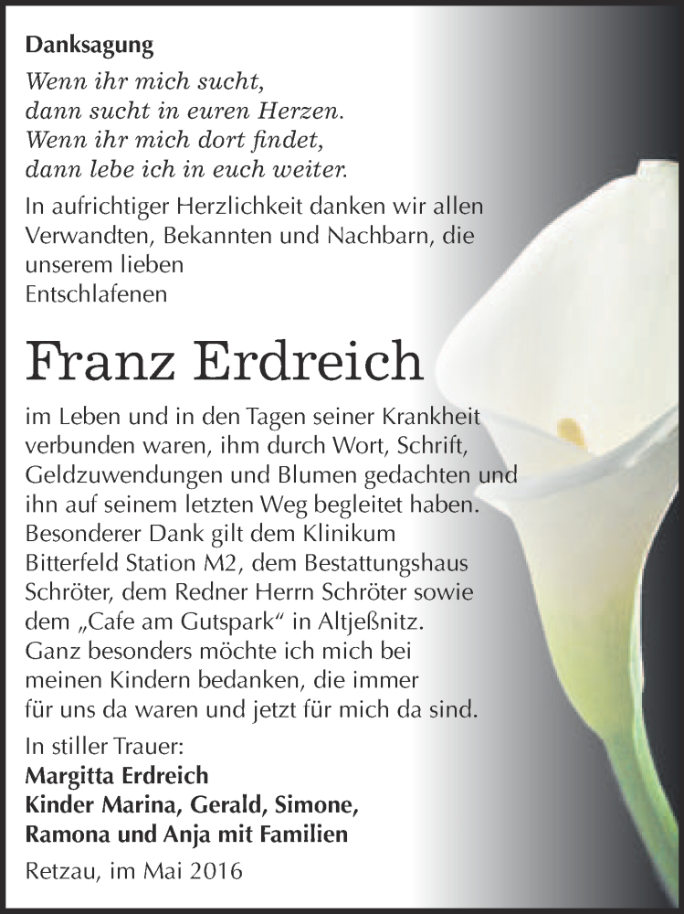  Traueranzeige für Franz Erdreich vom 18.05.2016 aus WVG - Wochenspiegel Bitterfeld