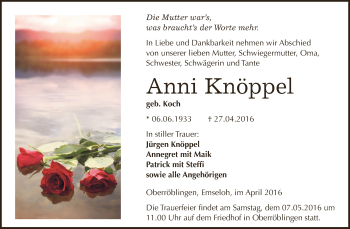 Traueranzeige von Anni Knöppel von WVG - Wochenspiegel SGH