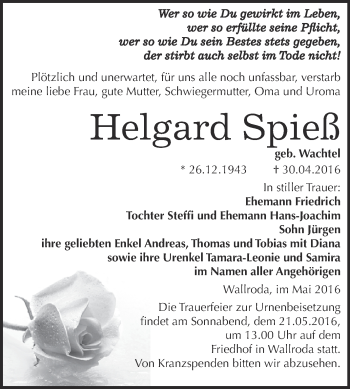 Traueranzeige von Helgard Spieß von WVG - Wochenspiegel NMB / WSF / ZTZ
