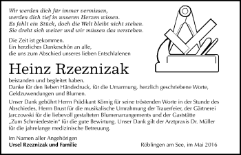 Traueranzeige von Heinz Rzeznizak von Mitteldeutsche Zeitung Mansfelder Land