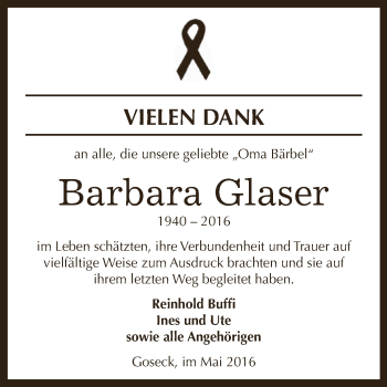 Traueranzeige von Barbara Glaser von WVG - Wochenspiegel NMB / WSF / ZTZ