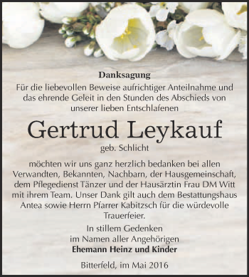 Traueranzeige von Gertrud Leykauf von WVG - Wochenspiegel Bitterfeld