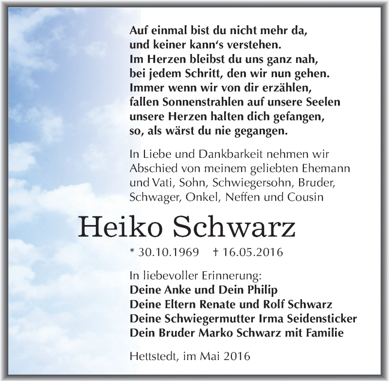  Traueranzeige für Heiko Schwarz vom 25.05.2016 aus Mitteldeutsche Zeitung