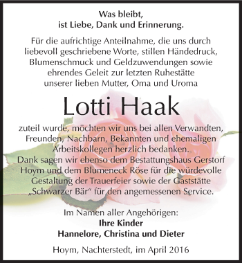 Traueranzeige von Lotti Haak von Mitteldeutsche Zeitung Aschersleben