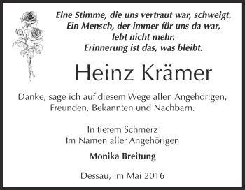 Traueranzeige von Heinz Krämer von WVG - Wochenspiegel Dessau / Köthen