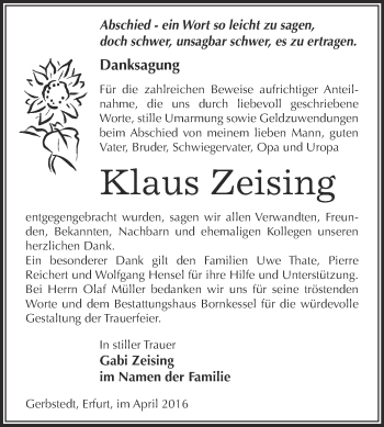 Traueranzeige von Klaus Zeising von Wochenspiegel Mansfelder Land