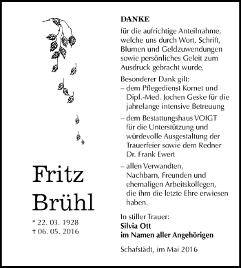 Traueranzeige von Fritz Brühl von WVG - Wochenspiegel Merseburg