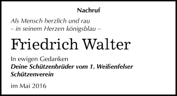 Traueranzeige von Friedrich Walter von Mitteldeutsche Zeitung Weißenfels