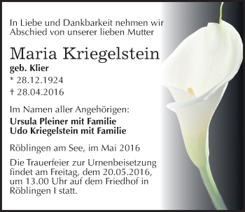 Traueranzeige von Maria Kriegelstein von Mitteldeutsche Zeitung Mansfelder Land