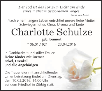 Traueranzeige von Charlotte Schulze von WVG - Wochenspiegel Bitterfeld