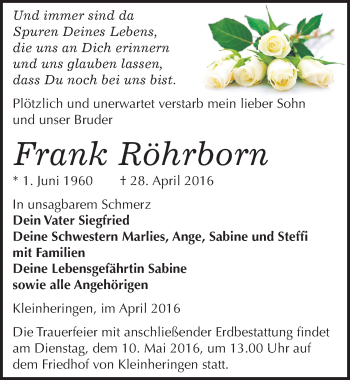 Traueranzeige von Frank Röhrborn von Mitteldeutsche Zeitung Naumburg/Nebra