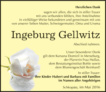 Traueranzeige von Ingeburg Gellwitz von Mitteldeutsche Zeitung Merseburg/Querfurt