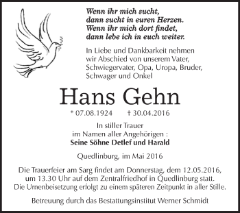 Traueranzeige von Hans Gehn von WVG - Wochenspiegel Quedlinburg