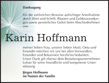 Traueranzeige von Karin Hoffmann von Mitteldeutsche Zeitung Bitterfeld