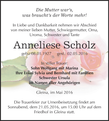 Traueranzeige von Anneliese Scholz von WVG - Wochenspiegel NMB / WSF / ZTZ