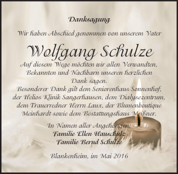 Traueranzeige von Wolfgang Schulze von Mitteldeutsche Zeitung Sangerhausen