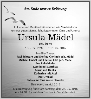 Traueranzeige von Ursula Mädel von Mitteldeutsche Zeitung Mansfelder Land