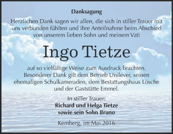 Traueranzeige von Ingo Tietze von WVG - Wochenspiegel Wittenberg