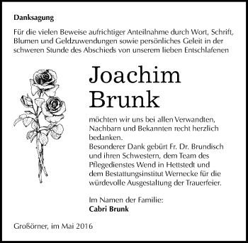 Traueranzeige von Joachim Brunk von Mitteldeutsche Zeitung Mansfelder Land