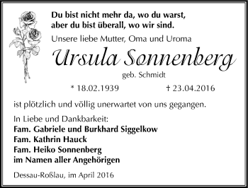 Traueranzeige von Ursula Sonneberg von Mitteldeutsche Zeitung Dessau-Roßlau
