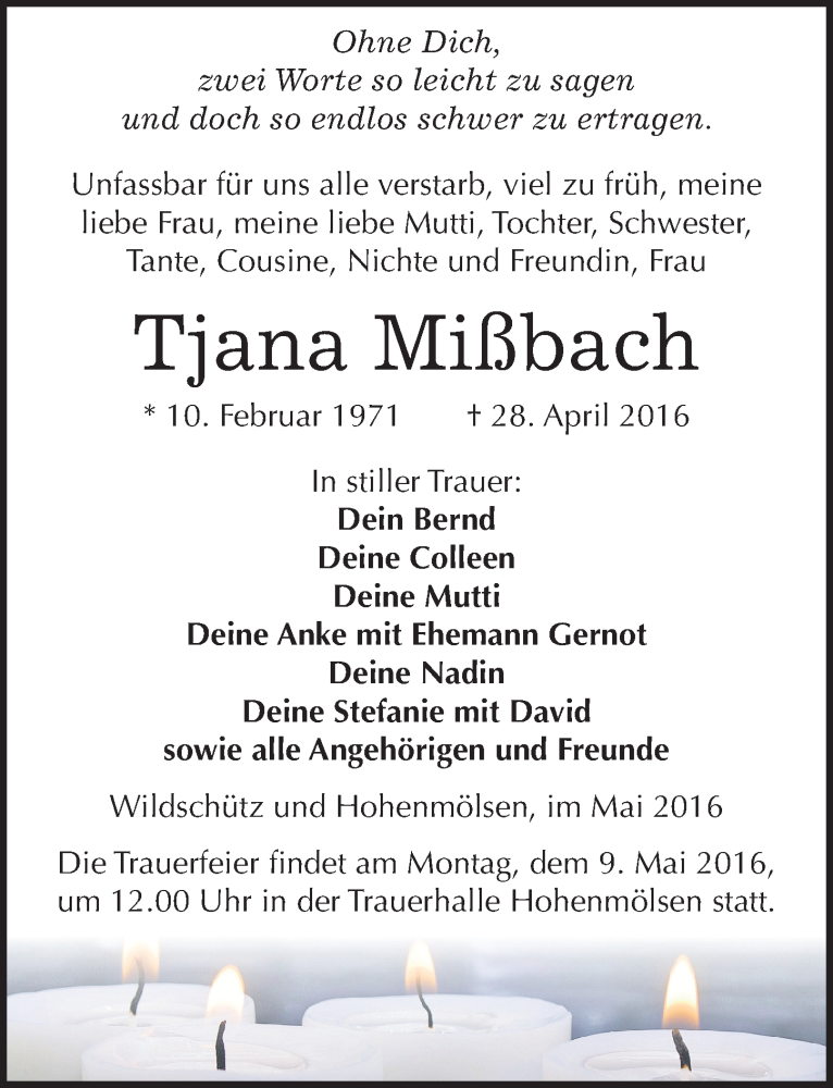  Traueranzeige für Tjana Mißbach vom 04.05.2016 aus Mitteldeutsche Zeitung Weißenfels