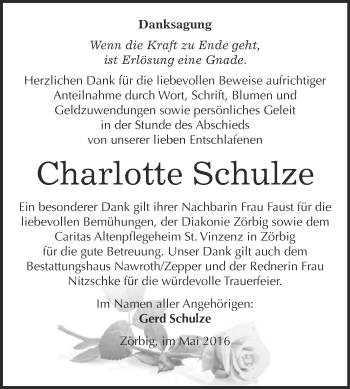Traueranzeige von Charlotte Schulze von WVG - Wochenspiegel Bitterfeld