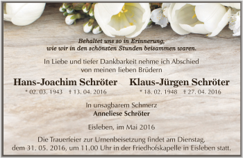 Traueranzeige von Hans-Joachim und Klaus-Jürgen Schröter von Wochenspiegel Mansfelder Land