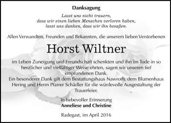 Traueranzeige von Horst Wiltner von Mitteldeutsche Zeitung Köthen