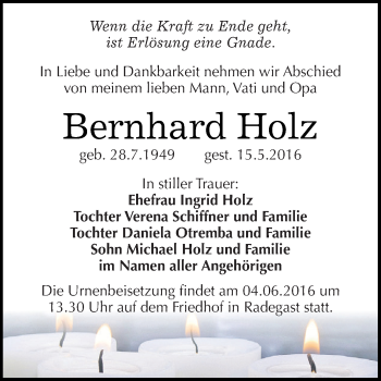 Traueranzeige von Bernhard Holz von WVG - Wochenspiegel Dessau / Köthen