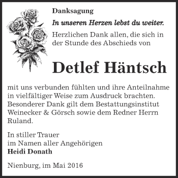 Traueranzeige von Detlef Häntsch von Super Sonntag Bernburg