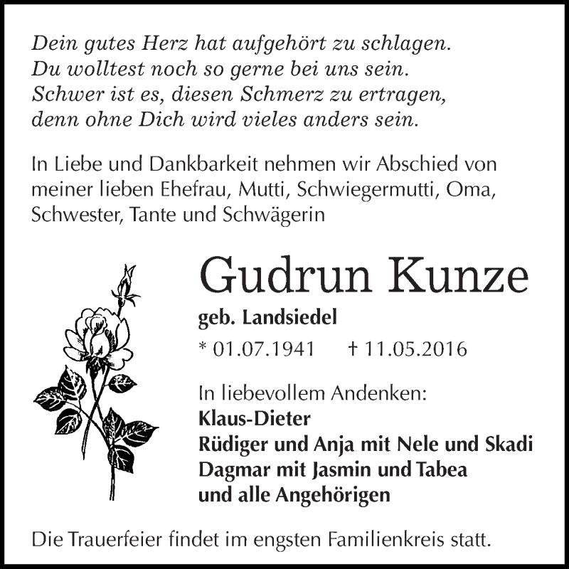  Traueranzeige für Gudrun Kunze vom 21.05.2016 aus WVG - Wochenspiegel Dessau / Köthen