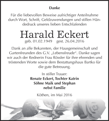Traueranzeige von Harald Eckert von WVG - Wochenspiegel Dessau / Köthen