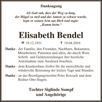 Traueranzeige von Elisabeth Bendel von WVG - Wochenspiegel Dessau / Köthen