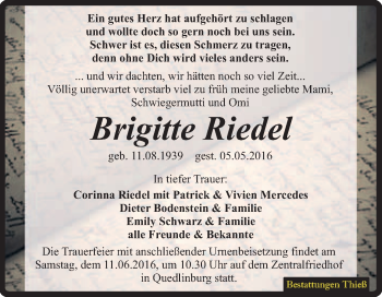 Traueranzeige von Brigitte Riedel von Super Sonntag Quedlinburg
