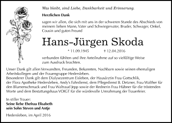 Traueranzeige von Hans-Jürgen Skoda von Mitteldeutsche Zeitung Mansfelder Land