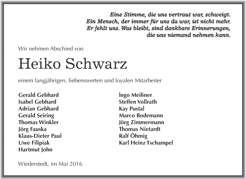  Traueranzeige für Heiko Schwarz vom 28.05.2016 aus Super Sonntag SGH Mansf. Land
