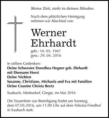 Traueranzeige von Werner Ehrhardt von Mitteldeutsche Zeitung Naumburg/Nebra