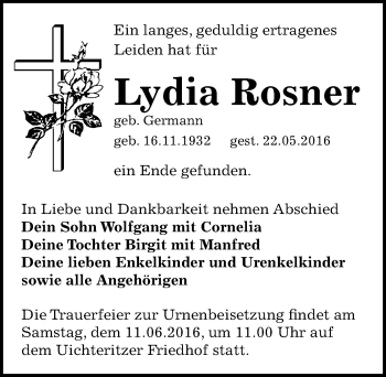 Traueranzeige von Lydia Rosner von Mitteldeutsche Zeitung Weißenfels