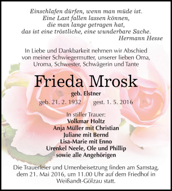 Traueranzeige von Frieda Mrosk von WVG - Wochenspiegel Dessau / Köthen