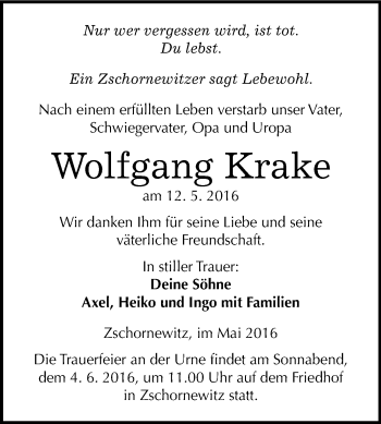 Traueranzeige von Wolfgang Krake von WVG - Wochenspiegel Wittenberg